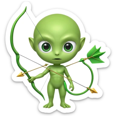 3D emoji-style green alien holding a bow and arrow, glossy texture, smooth skin, large expressive eyes, small humanoid body, minimalist background, soft lighting, Pixar-style rendering, high detail, cute but slightly serious expression, clean centered composition. sticker
