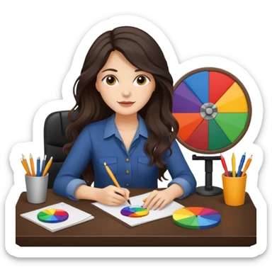 female dark wavy long hair graphic designer , holding color wheel , pens, papers, desktop sticker