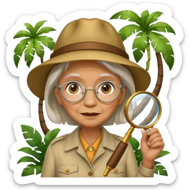 an old woman with jungle and magnifying glass sticker