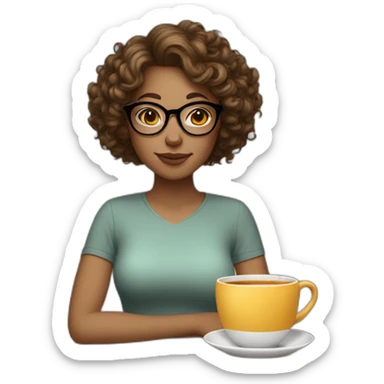 woman with curly short hair brown light skin and round glasses drinking tea sticker