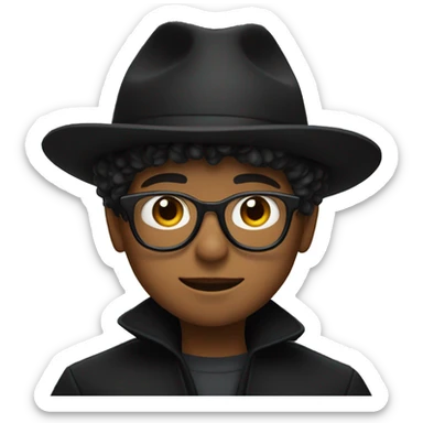 A boy with a wide-brimmed black hat, optical glasses, and a black coat sticker