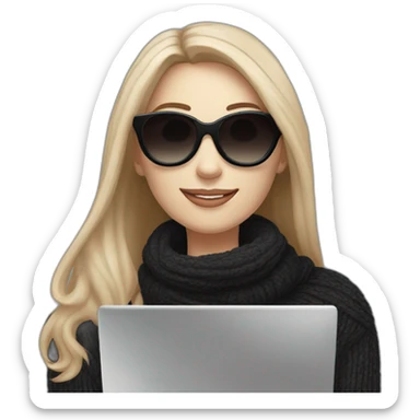 smiling woman with pale skin middle brown long straight hair with a laptop and a coffee mug wearing a black woolly shirt and a black woolly scarf wearing heart shaped black sunglasses sticker