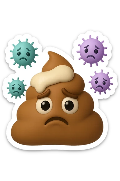 emoji stile iphone 3d di una cacca con muco bianco sopra, dietro cui fluttuano batteri intestinali tristi, iperrealistiche 4k sticker
