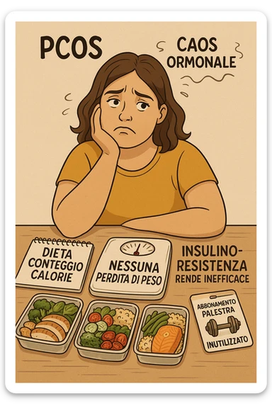 "Desperate woman with PCOS following standard calorie-counting diet, scale showing no weight loss despite strict adherence, expression of confusion and defeat, meal prep containers with healthy foods, insulin resistance making normal dieting ineffective, hormonal chaos overriding caloric deficit principles, gym membership unused due to lack of results scritte in italiano sticker