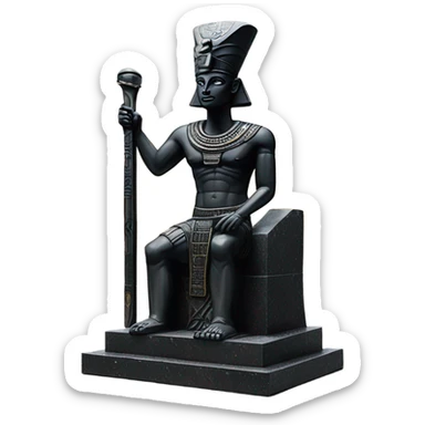 Osiris crook and flail obsidian statue on granite 30 ton brick, massive size, sunlight behind, sunset colors, reflections on black stone polished clean perfect, photography angles sticker