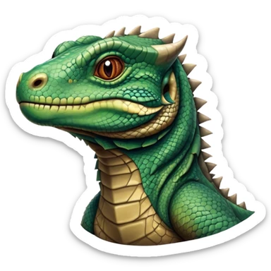 Cinematic Noble Komodo Dragon Lizard Portrait Emoji, Poised and regal, with a rugged, scaled body and powerful stance, deep-set intense eyes and textured, weathered skin, Simplified yet sharp and sophisticated features, highly detailed, glowing with a soft, ancient glow, high shine, intelligent and formidable, stylized with an air of primordial authority, focused and commanding, soft glowing outline, capturing the essence of a watchful and confident guardian that appears ready to stride out of the screen with timeless power! sticker