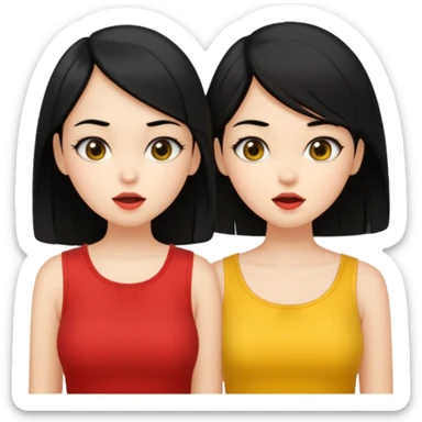 2 girls gossiping. both are fair and have black hair. One has short hair, one has long. One is wearing yellow, one is wearing red sticker