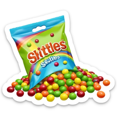 Regular colorful rainbow Skittles candy package spilling only green round candies, standard colorful Skittles packaging with only green Skittles coming out sticker