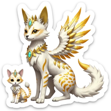 Epic complex fantasy glorious detailed futuristic divine godly angelic feathery sunny, white, albino, pastel, golden, orange glowing sparkly, realistic Fakémon-Sprigatito-Floragato-Meowscarada-Trico-Sergal-Serval-Solgaleo-Vernid-creature (full body) solarpunk, shiny sparkly with a gold laurel sticker