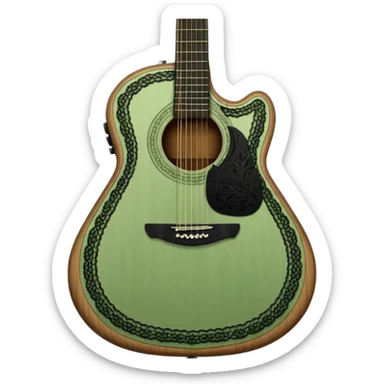 sage green acoustic guitar with black lacy-details sticker