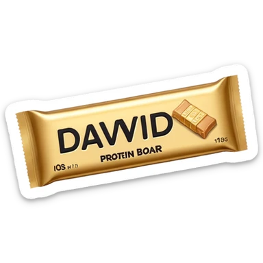 protein bar gold wrapper that says David on it in black font with a small brown box on it  sticker
