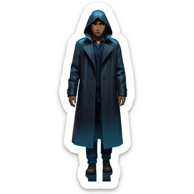 Movie Poster: A tense, gripping design with dramatic lighting. Include a mysterious figure in a dark coat standing in a rain-soaked alley, with glowing neon signs in the background. Shadows loom, and ominous shapes emerge from the mist. Suspenseful and cinematic atmosphere. Transparent background. sticker