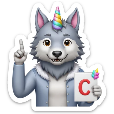 A wolf holding the letter C with a middle finger and 10 toes sticking out with a unicorn horn and saying hello  sticker