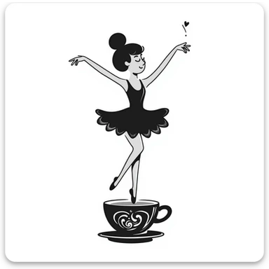 Elegant ballerina dancer formed from cappuccino foam art, pirouetting on top of coffee sticker