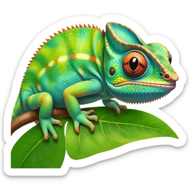 cinematic cute-smiling baby chameleon-realistic emoji,-blending-with-vibrant-greenery.-detailed-scales-in-shifting-colors,-showing-the-chameleon’s-ability-to-camouflage.-soft-natural-light-highlights-its-texture.-light-background, zoomed into its face sticker