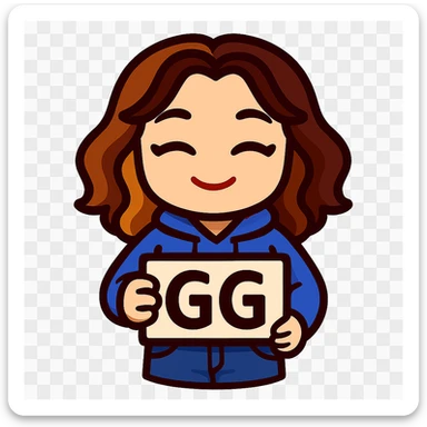 Update this chibi emote to remove the headband, sparkles, and wand. Change the outfit to a blue hoodie and jeans, holding a 'GG' sign sticker