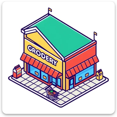 Isometric grocery store with shoppers, food shelves, and checkout area sticker