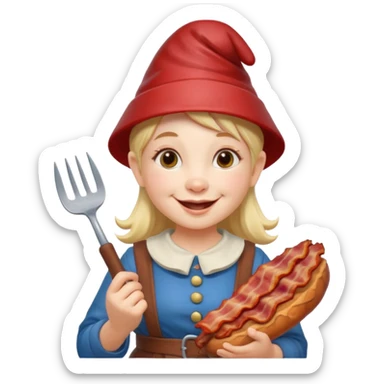 Female Garden gnome holding bacon sticker