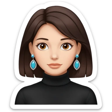 woman with deep brown hair, comfy turtleneck, modern accessories, earrings, necklace sticker