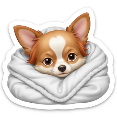Long haired chihuahua, beige/redhaired, pale head, with white chest and white socks, head without white, sleeping cutely under blanket sticker