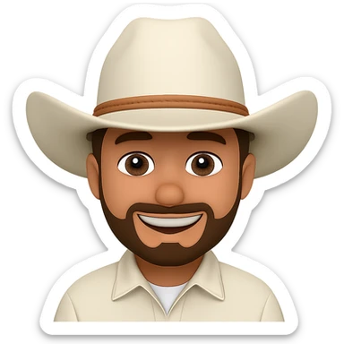 Edit the image to depict a man with a brunette goatee, tanned skin, wearing a white cowboy hat, smiling, in the style of emoji. Remove the background completely. sticker