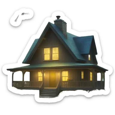  very very big Cabin near a big tree.  Thick moss growing on the roofs. grass fields. porch lights turned off. bright white interior lights turned on. guests sitting in chairs on the porch, flowers and bushes are yellow and blue. sticker