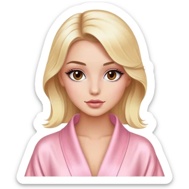 blonde model with brown eyes, luxury makeup, light pink silk robe sticker