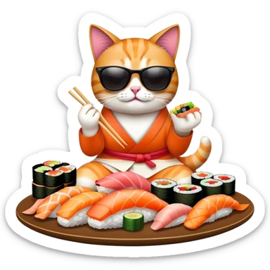 cool cat wearing sunglasses eating a big pile of colorful sushi pieces, stylish cat enjoying sushi sticker