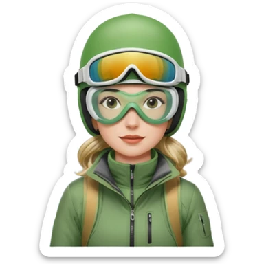 Woman, skiing, White helmet, rosa goggles Green Jacket, green trousers, background Matterhorn sticker