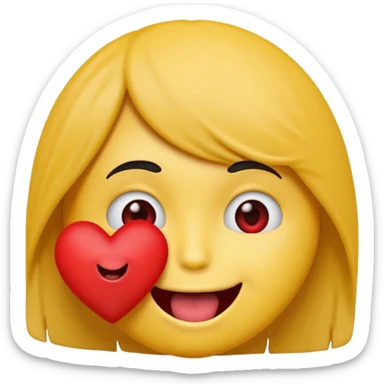 yellow emoji face holding a heart and hes so happy with emo hair covering one eye so happy with teeth and tongue sticker