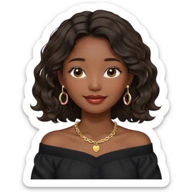 A South Korean girl with dark brown black wavy hair with middle part and layers. She is wearing a black off the shoulder long sleeve sweater, tiny gold hoop earrings and a dainty gold necklace. She is sweet and smiling with lips together sticker