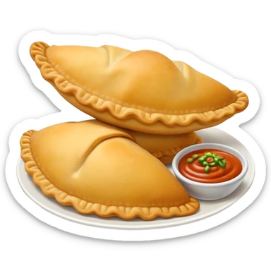 Cinematic Realistic Colombian Cornmeal Empanadas Emoji, showcasing the golden, crispy shell filled with savory meats and spices, served with a side of aji dipping sauce, rendered with vibrant textures and warm, inviting lighting. sticker