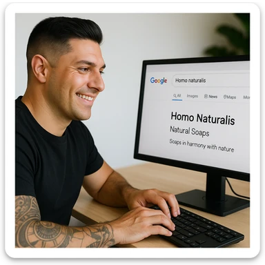 Update the image to show a man sitting at a PC, with the face and appearance matching the person in the reference photo. The man is searching on Google for 'Homo Naturalis'. On the screen, besides the search, clearly show that 'Homo Naturalis' is a brand of natural soaps, possibly with a short description or slogan. The tone should be natural and positive. sticker