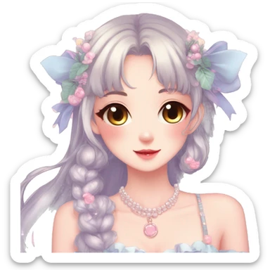Gorgeous anime style lady with blushing face and accessories cottagecore fairycore Kawaii anime colorful pearly romantic aesthetic trending style sticker