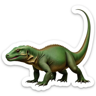 cinematic-komodo-dragon-realistic-full-body-on all fours-emoji,-massive-scaled-body-poised-with-quiet-power,-rough-textured-skin-dark-green-and-brown,-head-tilted-dramatically,-long-forked-tongue-flicking-out,-simplified-yet-realistic-focused-features,-highly-detailed,-glowing-with-an-almost-sarcastic-glow sticker