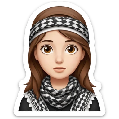A girl wearing a Palestinian keffiyeh, brown hair, beautiful, and fair-skinned, a teenager sticker