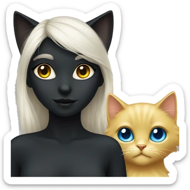 Black fluffy cat with yellow eyes and blond girl with blue eyes sticker