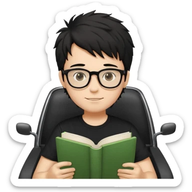 generate a pretty bratz fair skinned boy with black messy hair wearing a black tshirt driving. Glasses on. holding books sticker