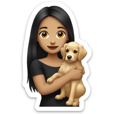 girl with white skin and long straight black hair and small face wearing an off shoulder black shirt, while holding her golden retriever puppy  sticker