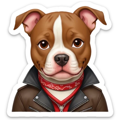 American Pit Bull Terrier mixed with a boston terrier, wearing a leather jacket and a red bandana around its neck sticker