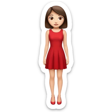 Cartoon emoji of a young brunette woman with fair-medium skin, brown eyes, wearing a red outfit. Full-height, standing confidently in a red dress  posing sexy with a smile and relaxed posture. Smooth, friendly, stylized, make up on, flirty eyes and smile sticker