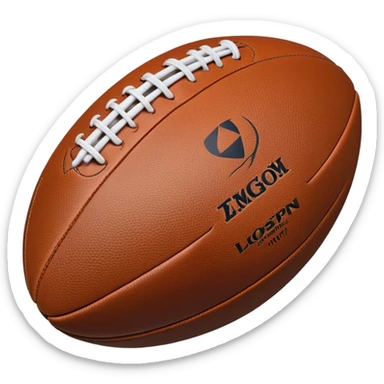 Cinematic Realistic image of a rugged rugby ball with detailed leather textures and precise stitching, rendered against a sunlit field backdrop with dynamic natural lighting that emphasizes its robust character sticker