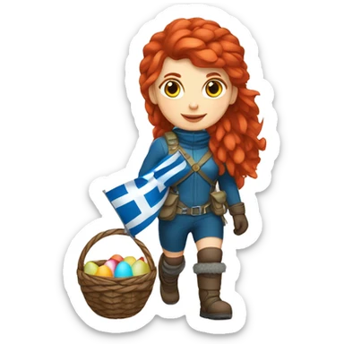 Female winter mountaineer red hair white skin climbing with Greek Flag and Easter eggs basket sticker
