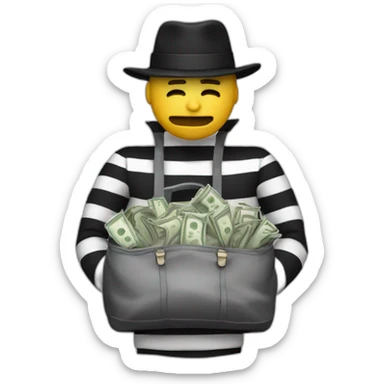 A man with a bag of money, in striped clothes and his eyes are closed with a black bandage, and on top is a black hat sticker