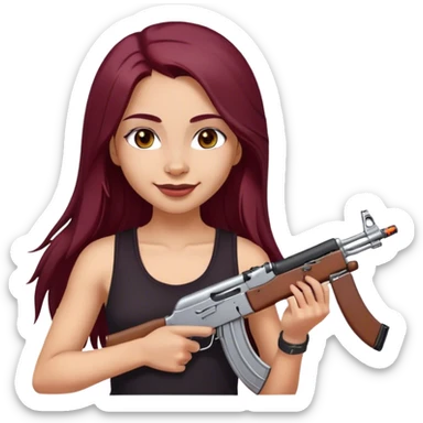 emoji of girl with an ak47 in hand with a black tank top, smiling with maroon dark long hair in a middle part with straight nose hazel eyes medium perfect eye brows with  a nose ring silver on the right nostril  sticker