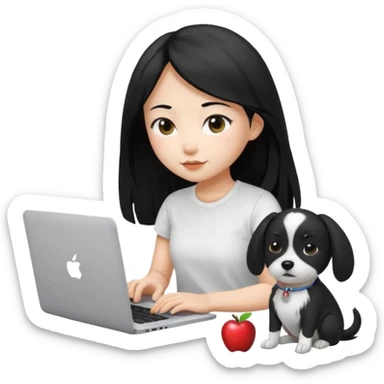 Blue back ground, Asian girl with long black hair , wearing a white t-shirt, working on an Apple laptop, next to her is a small black and white dog sticker