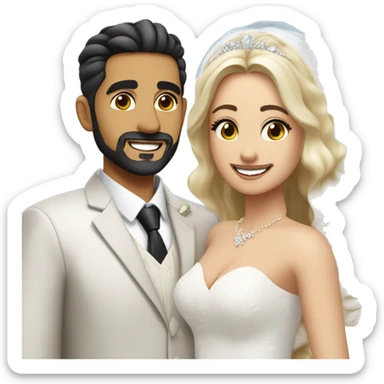 Wedding couple with Handsome middle eastern man with goatee aand big smile , black hair color , shaved hairstyle  , thick eyebrows , and the bride is beautiful , with blonde hair color  , hair down , and big upper chest sticker