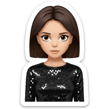 Victoria Beckham from Spice Girls with medium dark brown hair, black sequin outfit sticker