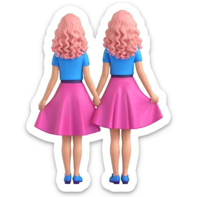 Create a 3D iOS emoji style image of a girl with long curly hair wearing a blue top and pink skirt, holding her dress, seen from the back. The image should be shiny and glossy on a white background. sticker