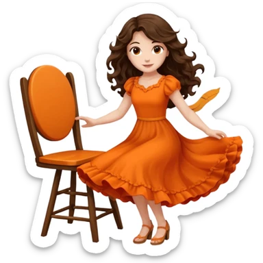 Long dark wavy hair women in orange standing and twirling around a chair  sticker